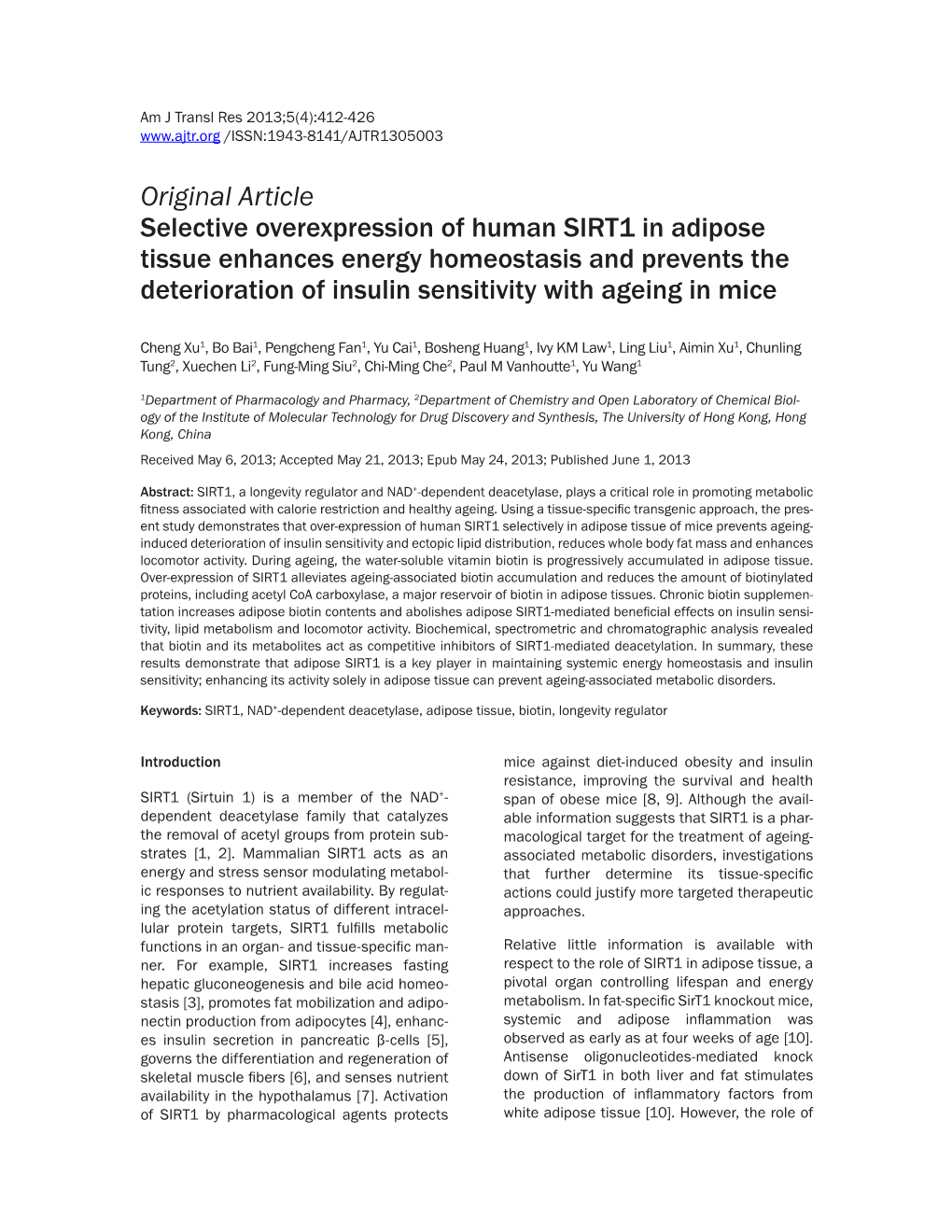 Original Article Selective Overexpression of Human SIRT1 In