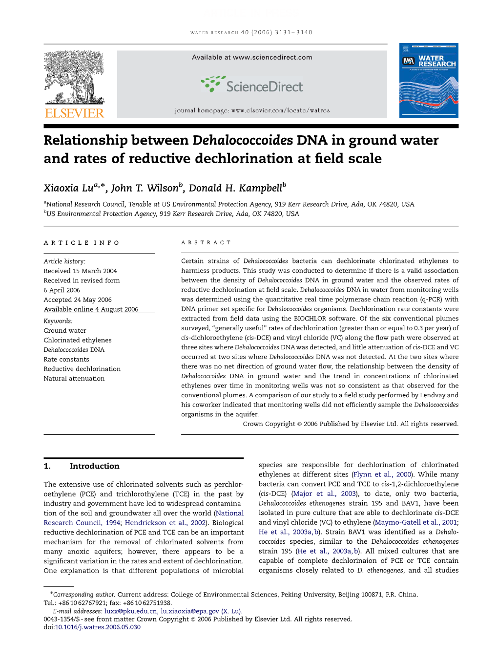 Relationship Between Dehalococcoides DNA in Ground Water and Rates of Reductive Dechlorination at ﬁeld Scale