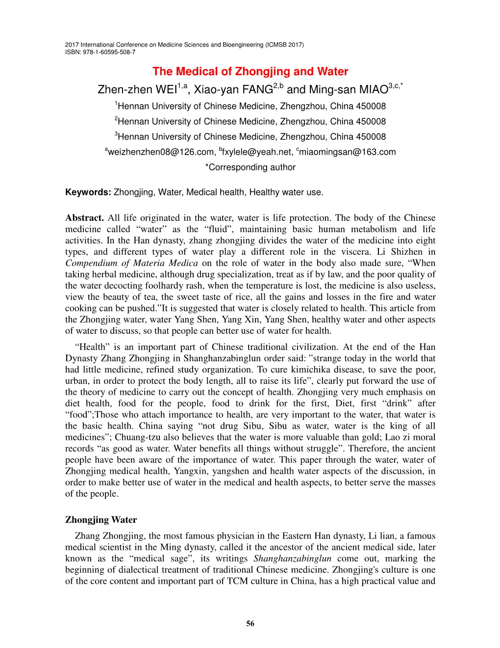 The Medical of Zhongjing and Water Zhen-Zhen WEI , Xiao-Yan FANG