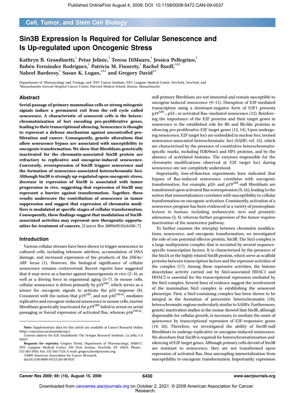 Sin3b Expression Is Required for Cellular Senescence and Is Up-Regulated Upon Oncogenic Stress