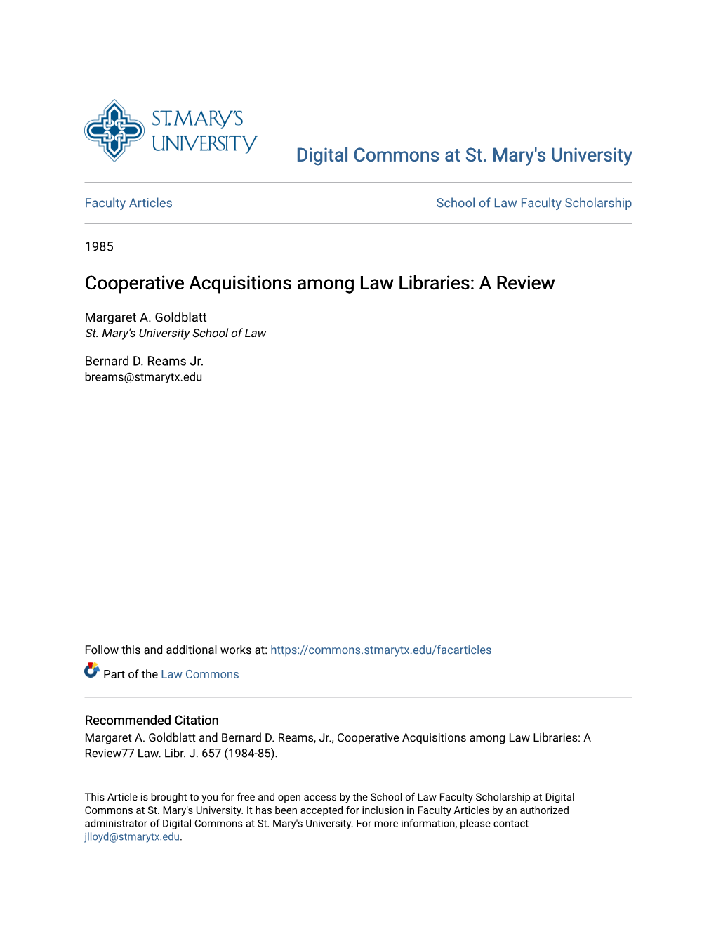 Cooperative Acquisitions Among Law Libraries: a Review