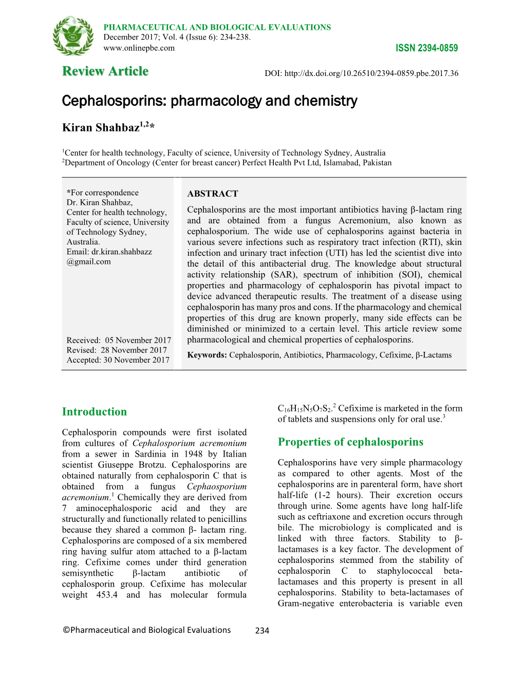 Cephalosporins: Pharmacology and Chemistry