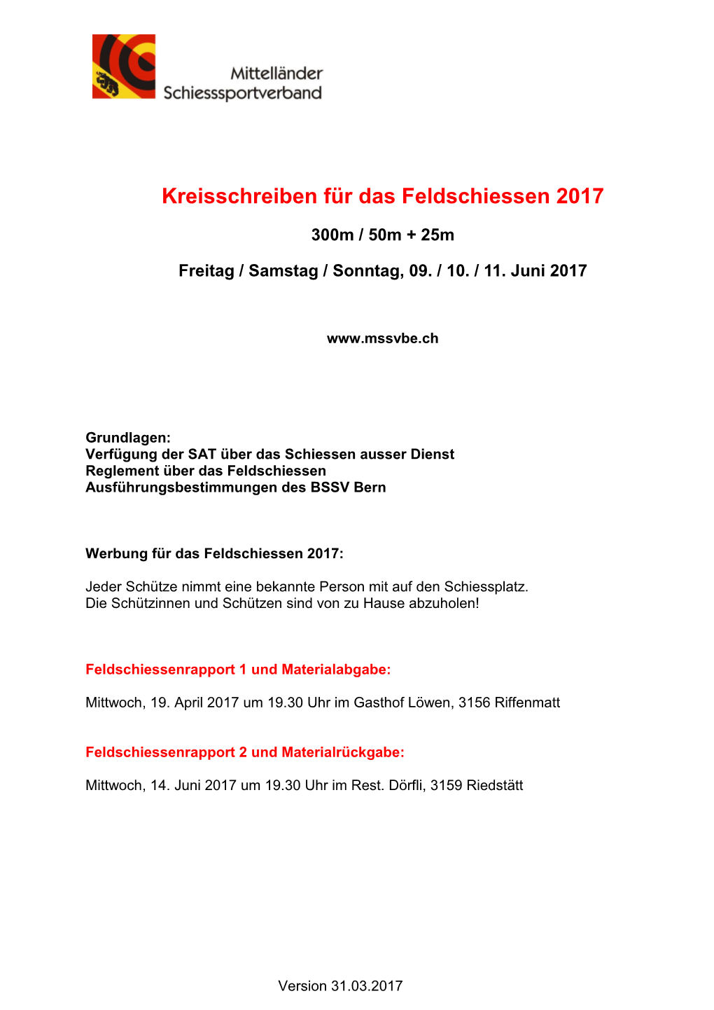 Kreisschreiben Für Das Feldschiessen 2017