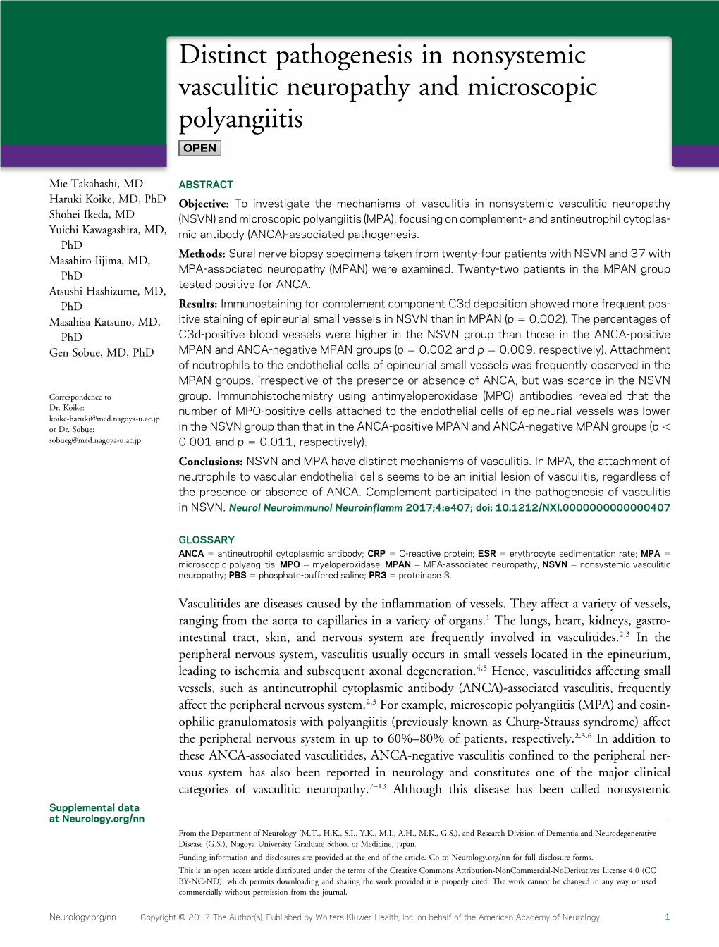 Distinct Pathogenesis in Nonsystemic Vasculitic Neuropathy and Microscopic Polyangiitis