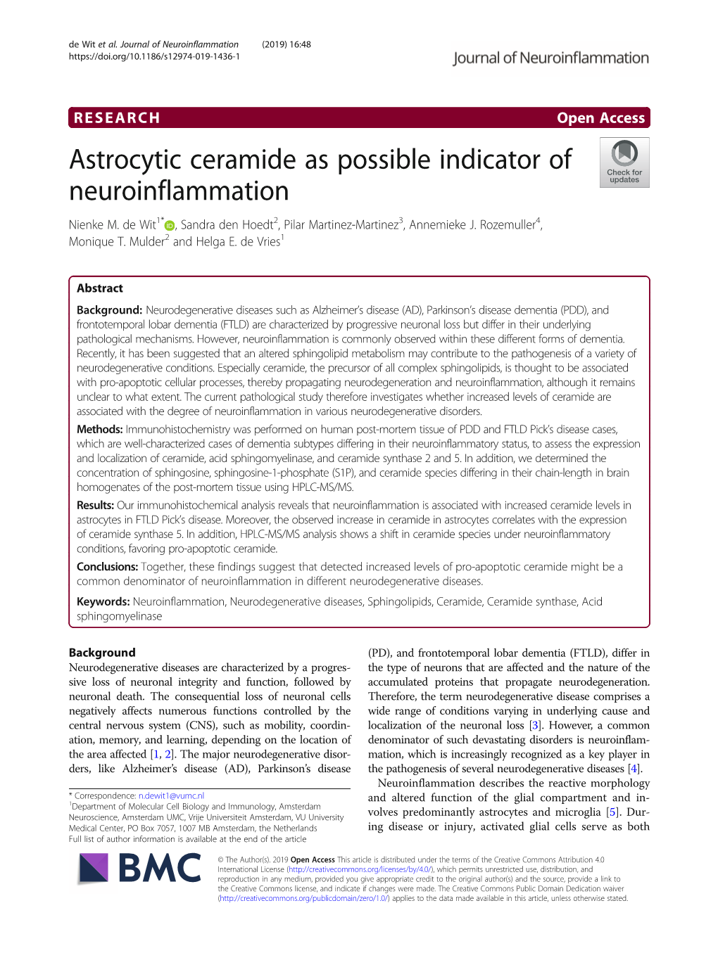 Astrocytic Ceramide As Possible Indicator of Neuroinflammation Nienke M