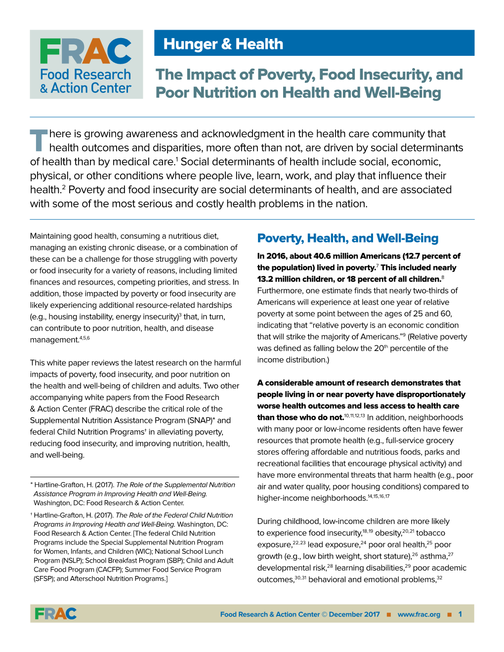 Impact of Poverty, Food Insecurity, Poor Nutrition on Health