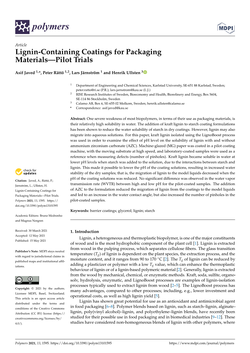 Lignin-Containing Coatings for Packaging Materials—Pilot Trials