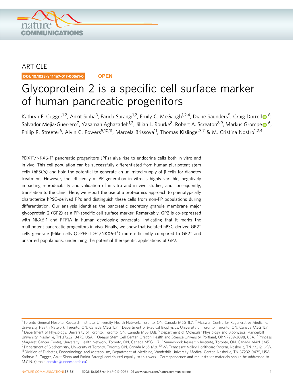 Glycoprotein 2 Is a Specific Cell Surface Marker of Human Pancreatic