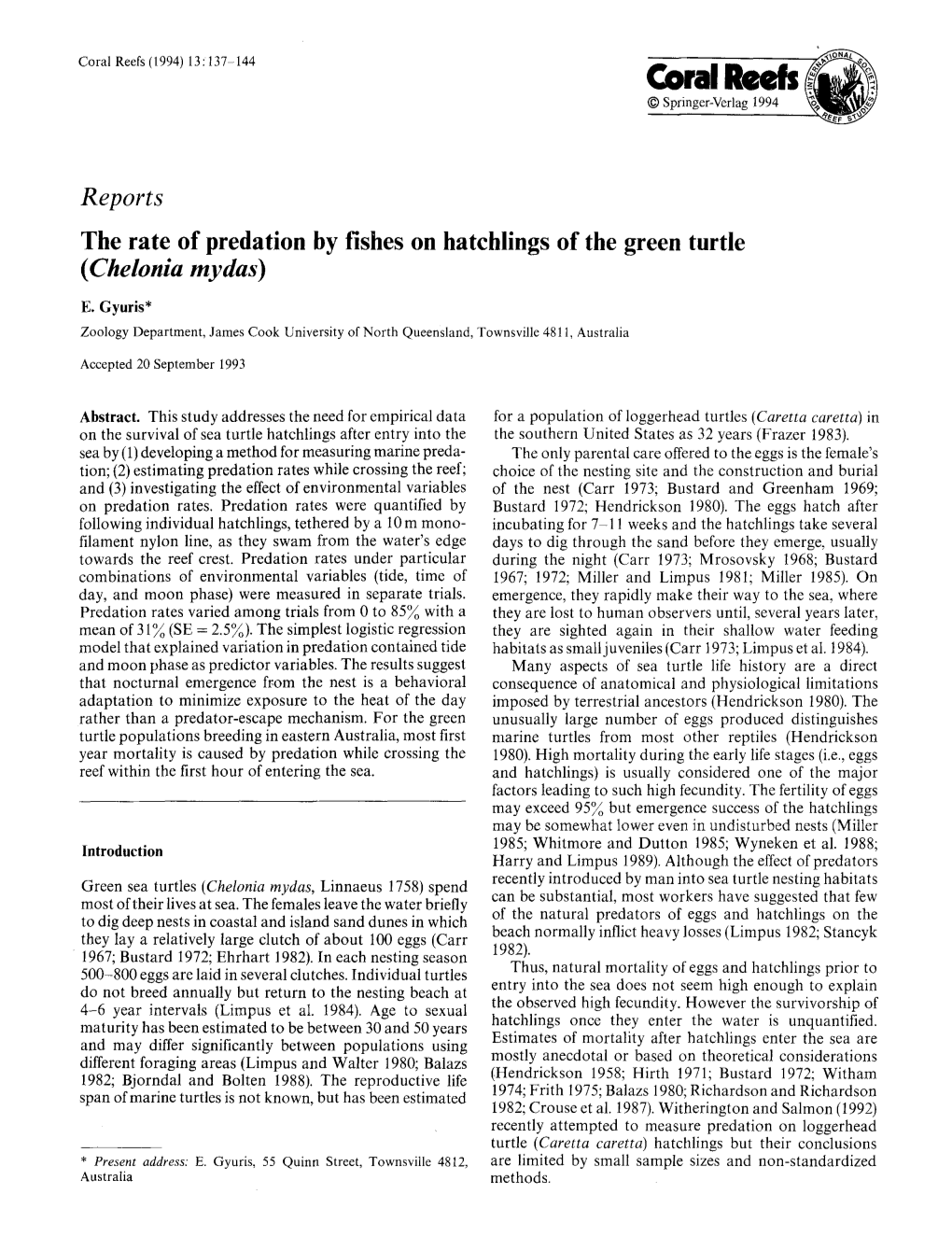 The Rate of Predation by Fishes on Hatchlings of the Green Turtle