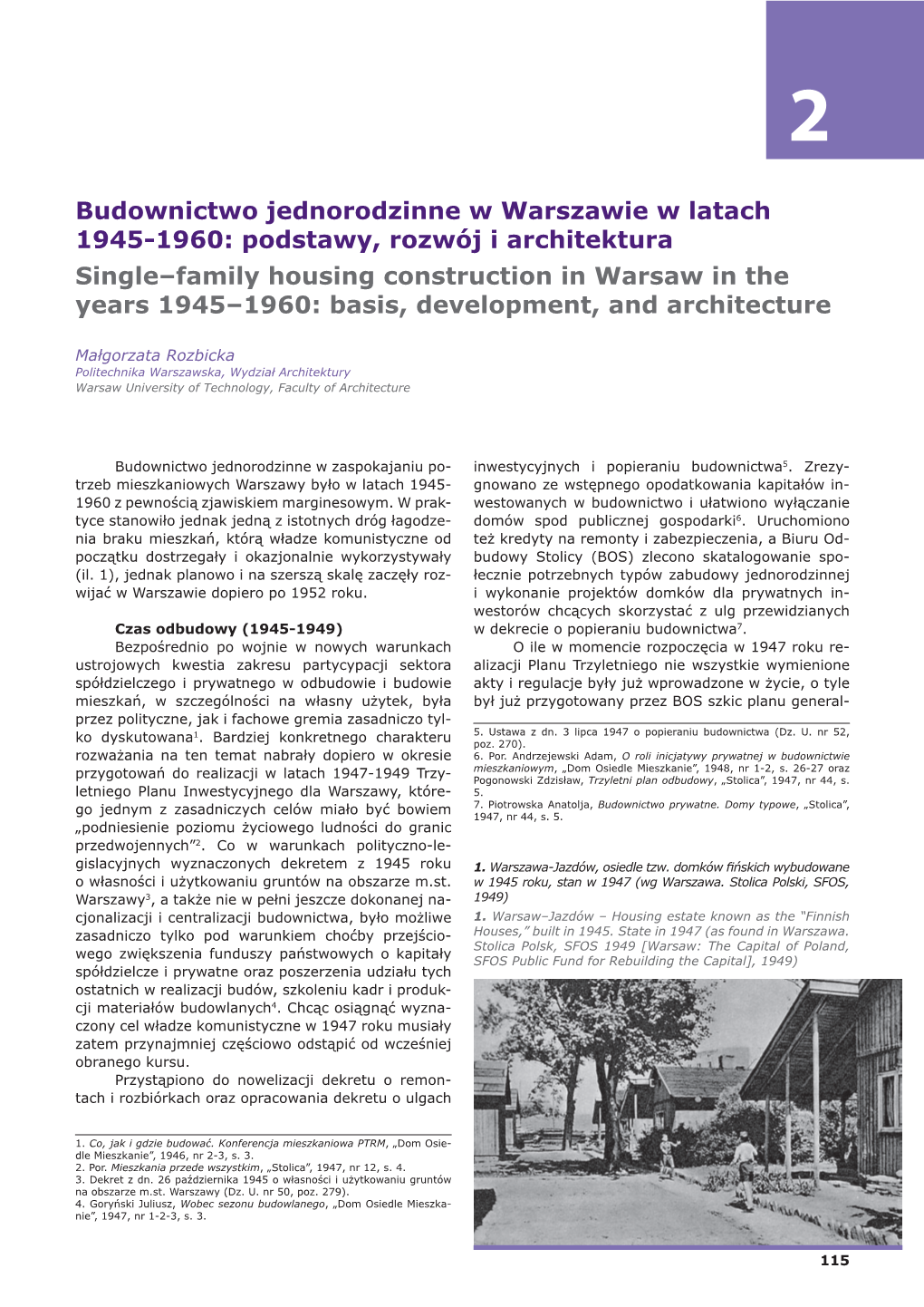 Budownictwo Jednorodzinne W Warszawie W Latach 1945-1960: Podstawy, Rozwój I Architektura Single–Family Housing Construction