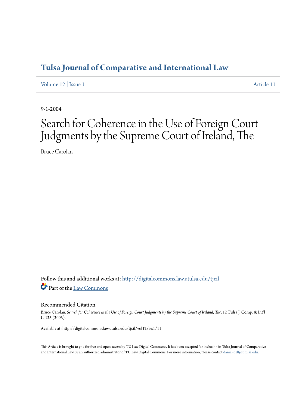 Search for Coherence in the Use of Foreign Court Judgments by the Supreme Court of Ireland, the Bruce Carolan
