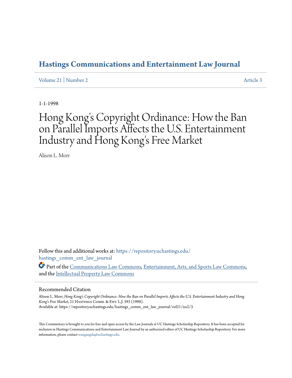 Hong Kong's Copyright Ordinance: How the Ban on Parallel Imports Affects the U.S