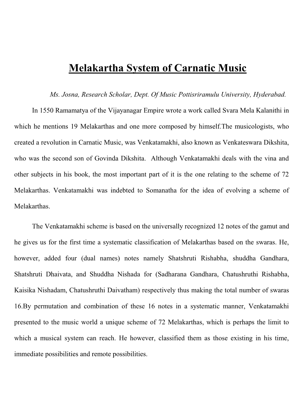 Melakartha System of Carnatic Music