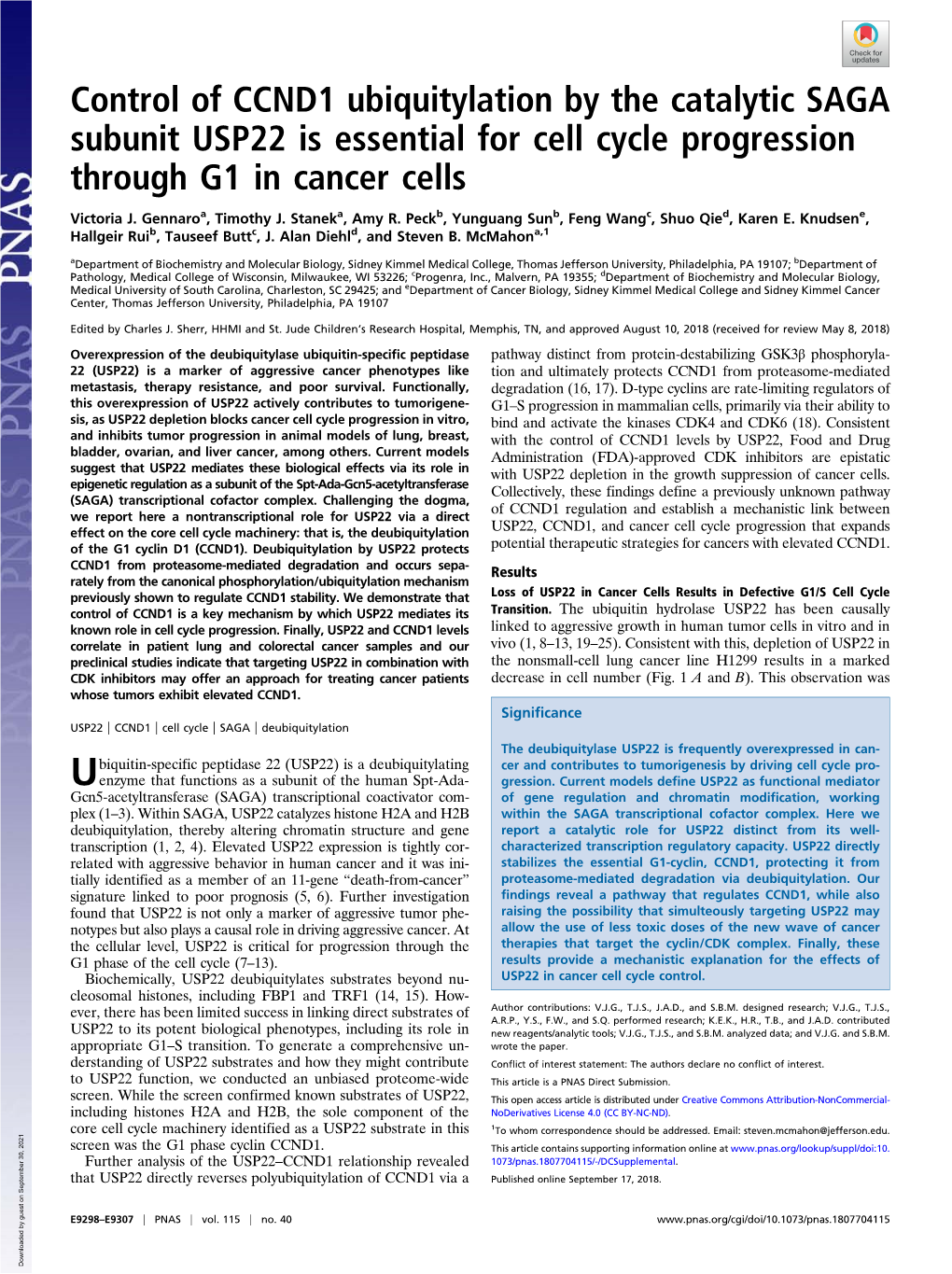 Control of CCND1 Ubiquitylation by the Catalytic SAGA Subunit USP22 Is Essential for Cell Cycle Progression Through G1 in Cancer Cells