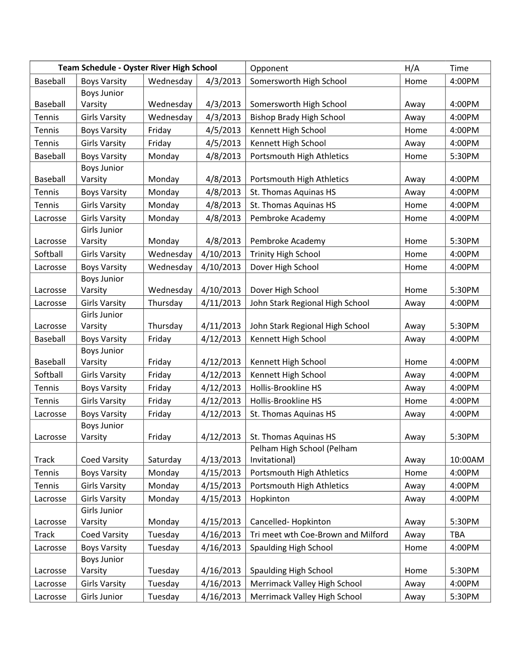 Team Schedule