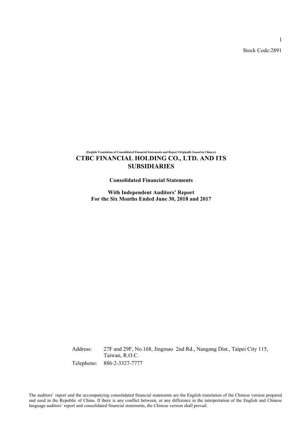 Ctbc Financial Holding Co., Ltd. and Its Subsidiaries