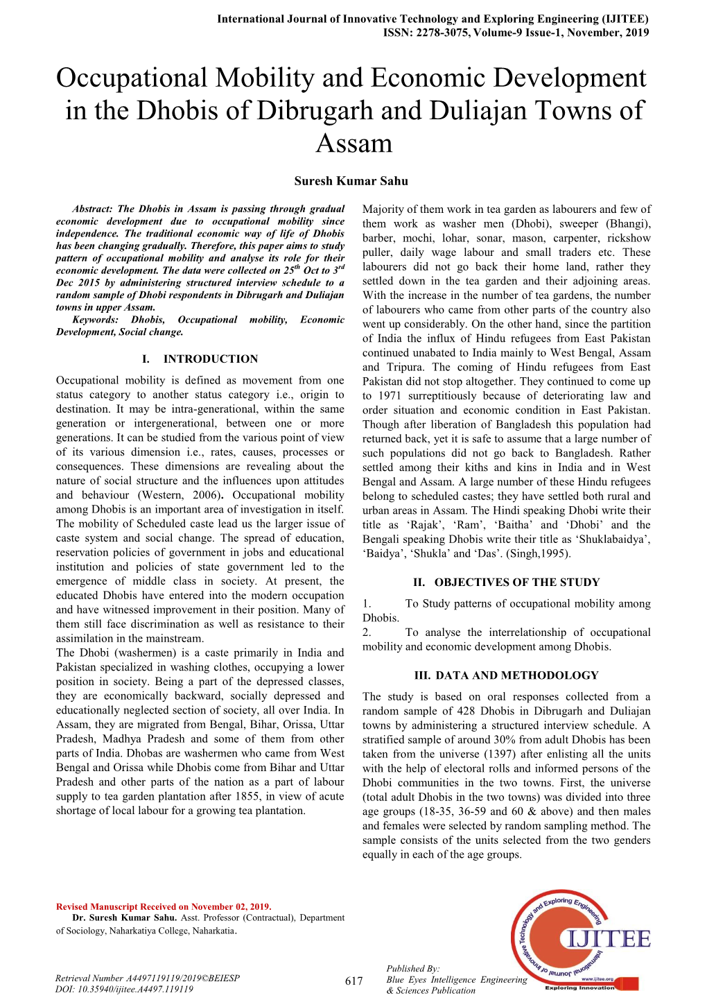 Occupational Mobility and Economic Development in the Dhobis of Dibrugarh and Duliajan Towns of Assam