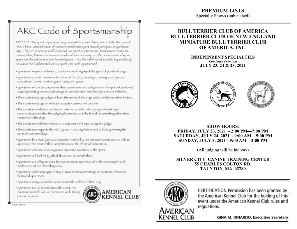 Premium Lists Bull Terrier Club of America Bull