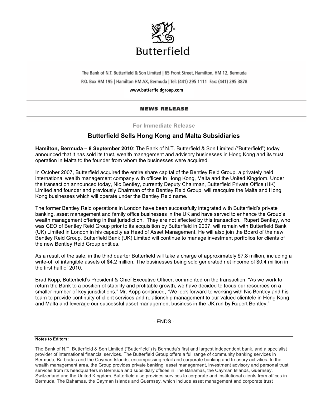 Butterfield Sells Hong Kong and Malta Subsidiaries