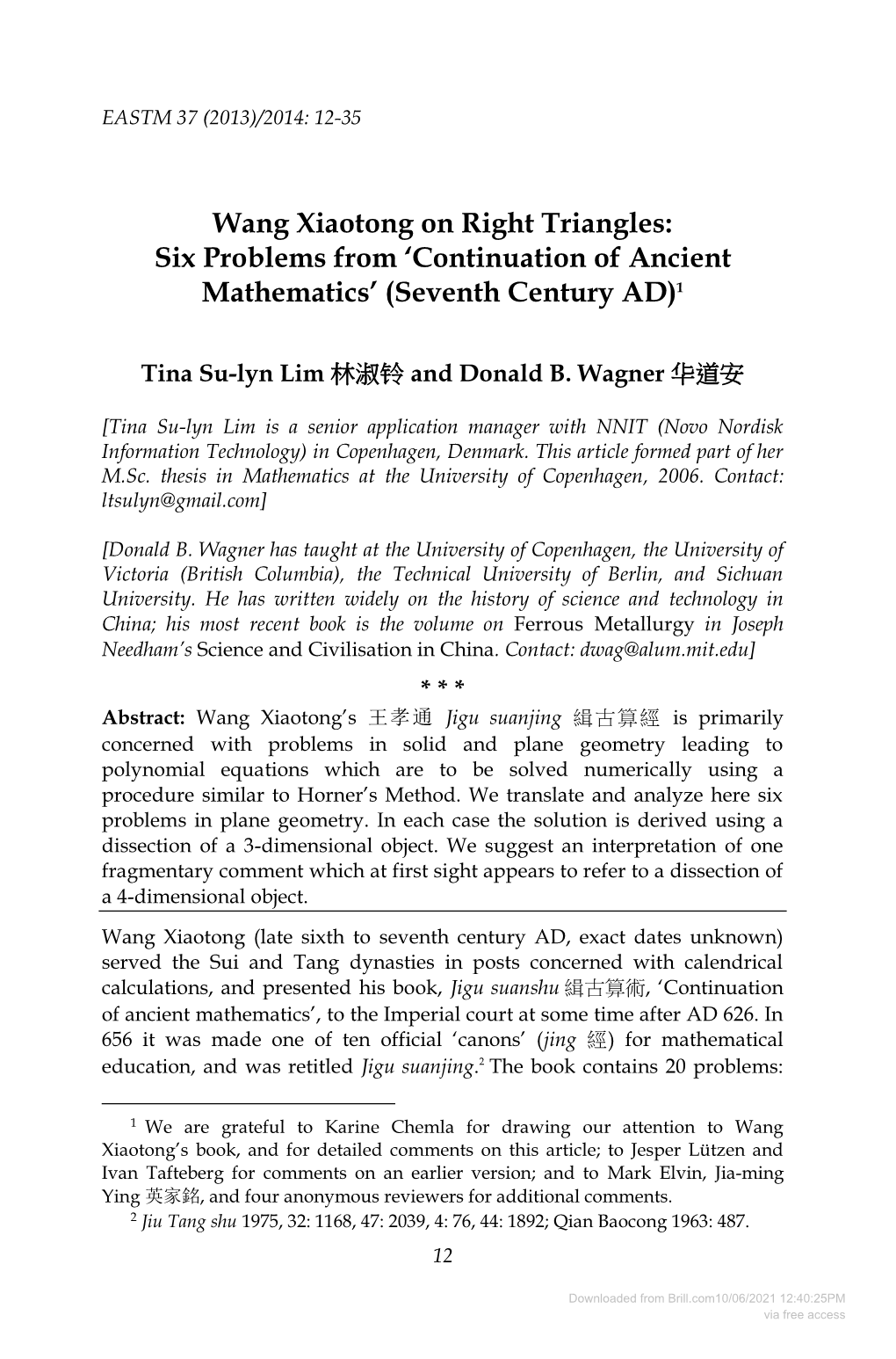 Wang Xiaotong on Right Triangles: Six Problems from ‘Continuation of Ancient Mathematics’ (Seventh Century AD)1