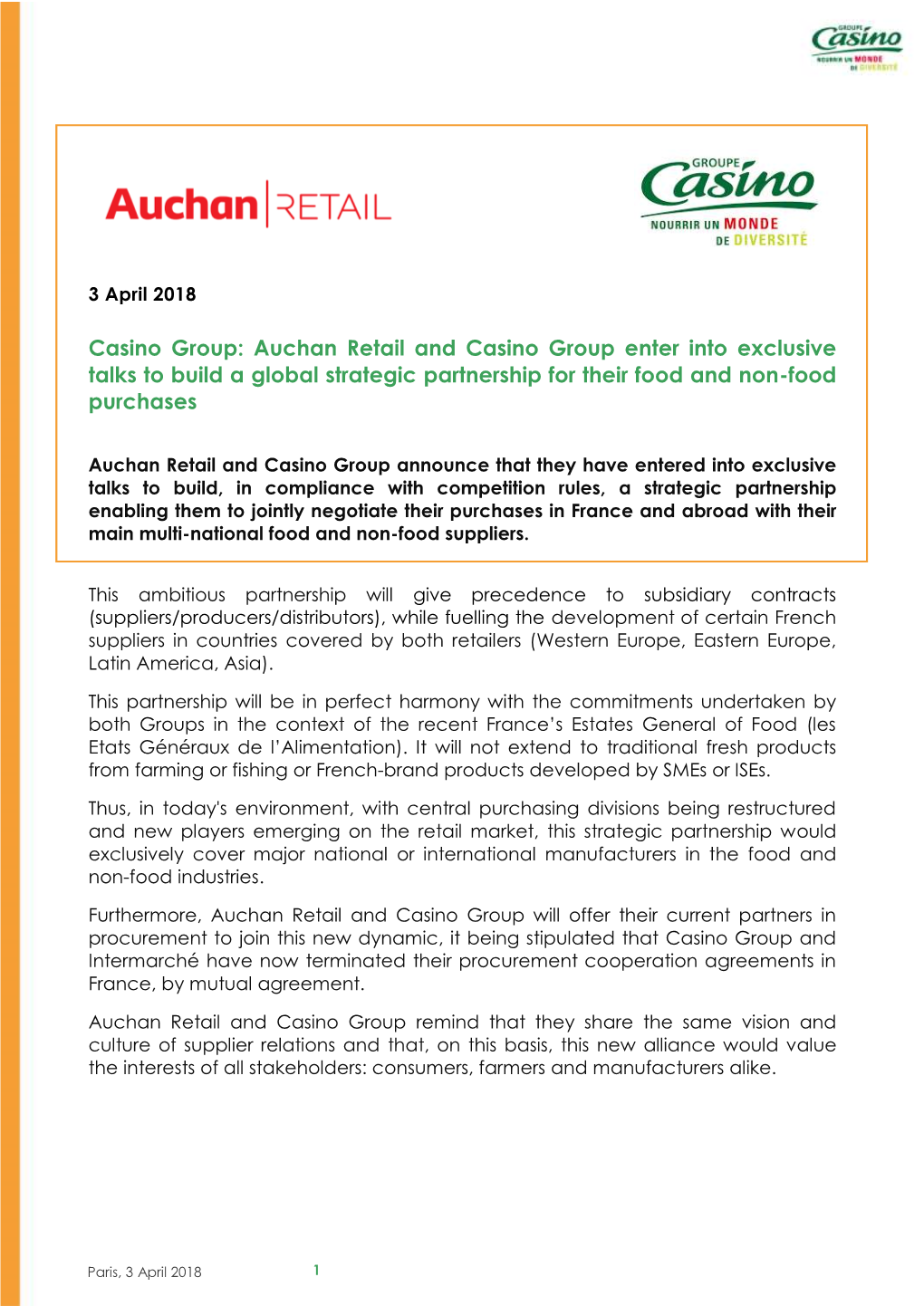 Auchan Retail and Casino Group Enter Into Exclusive Talks to Build a Global Strategic Partnership for Their Food and Non-Food Purchases