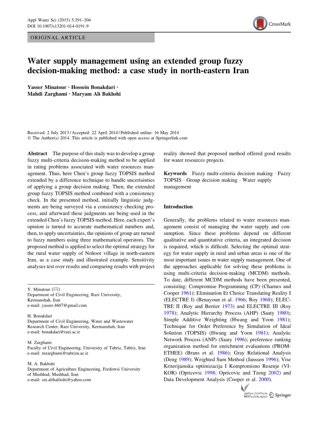 Water Supply Management Using an Extended Group Fuzzy Decision-Making Method: a Case Study in North-Eastern Iran