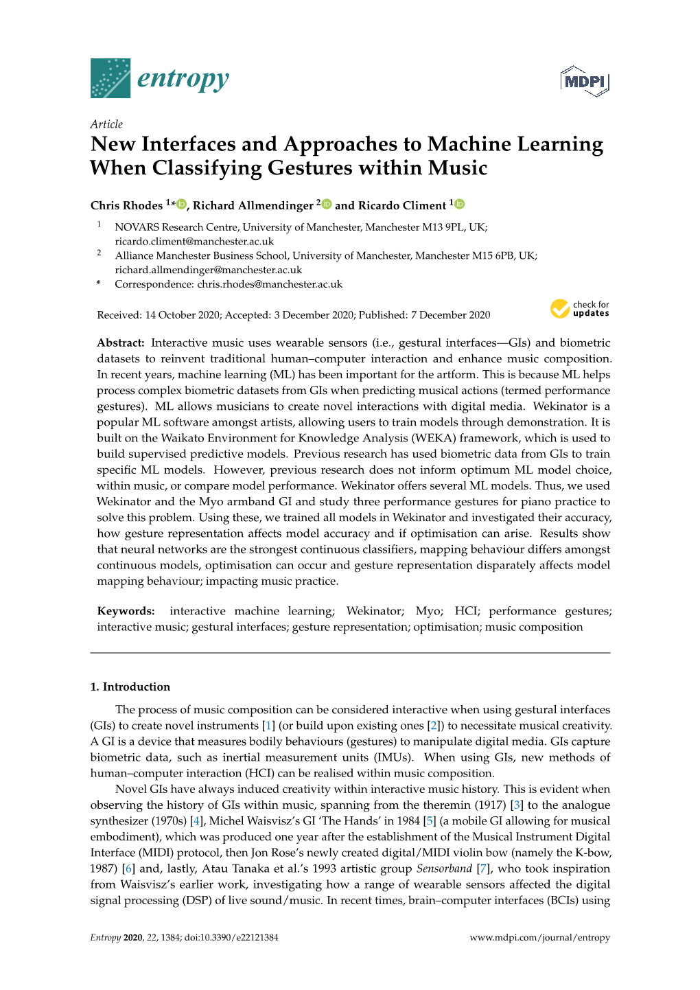 New Interfaces and Approaches to Machine Learning When Classifying Gestures Within Music