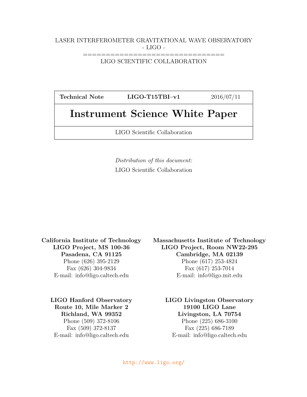 Instrument Science White Paper