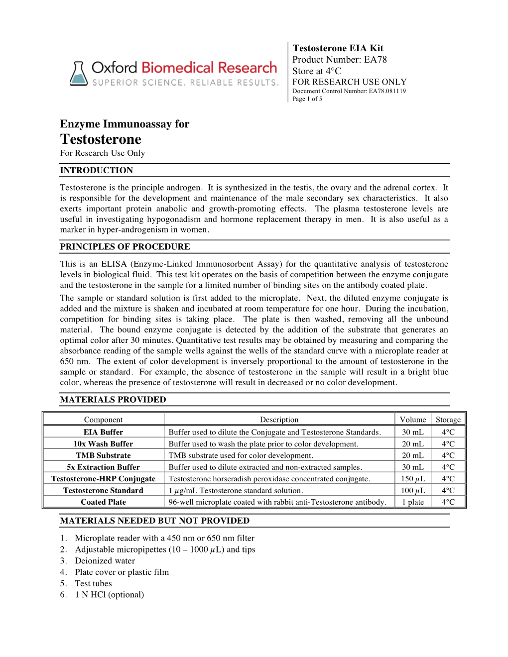 Testosterone EIA Kit Product Number: EA78 Store at 4°C for RESEARCH USE ONLY Document Control Number: EA78.081119 Page 1 of 5