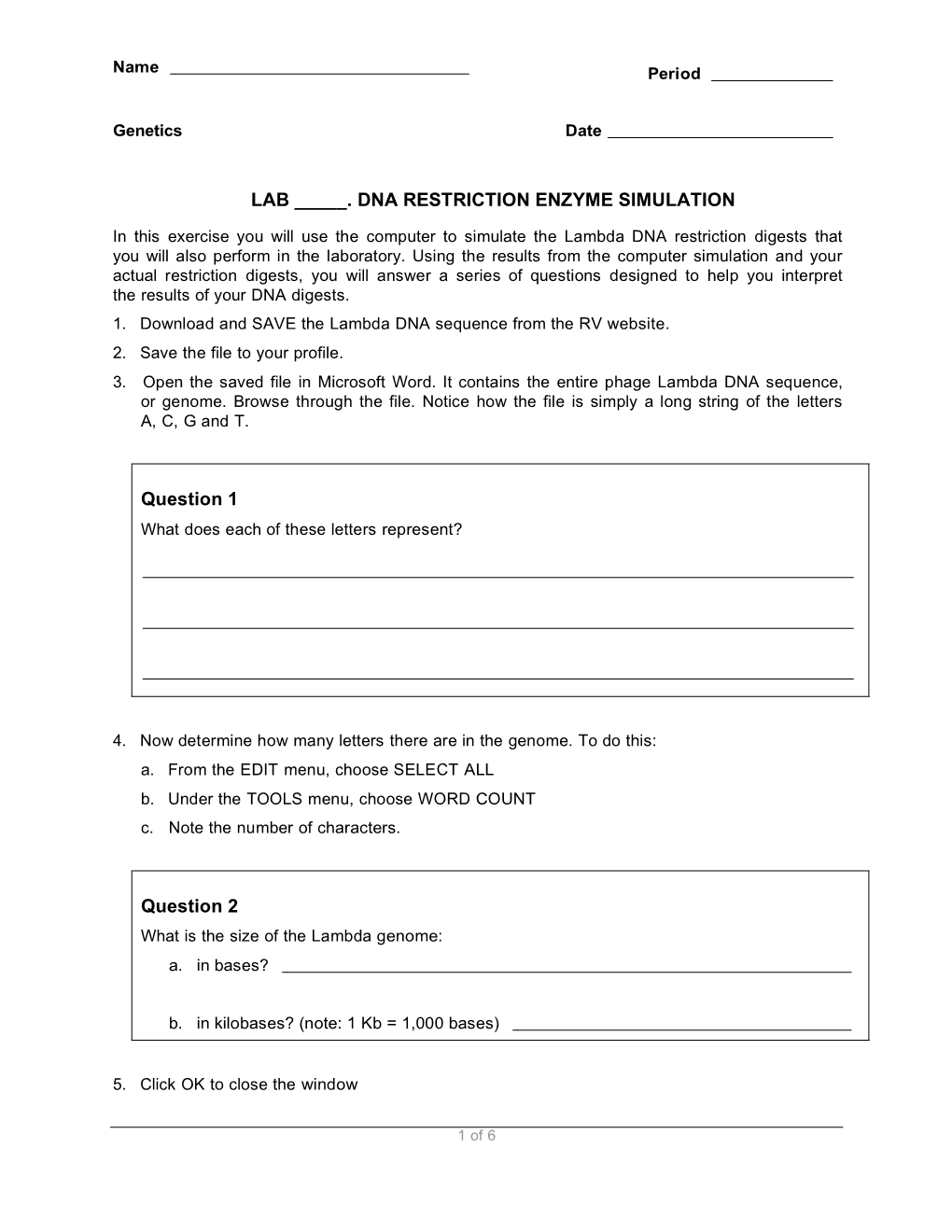 Lab _____. Dna Restriction Enzyme Simulation