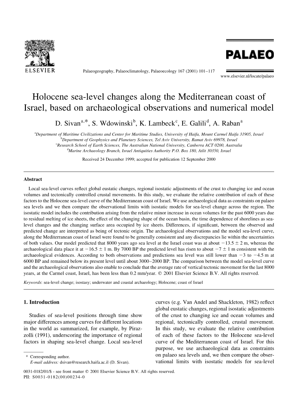 Holocene Sea-Level Changes Along the Mediterranean Coast of Israel, Based on Archaeological Observations and Numerical Model