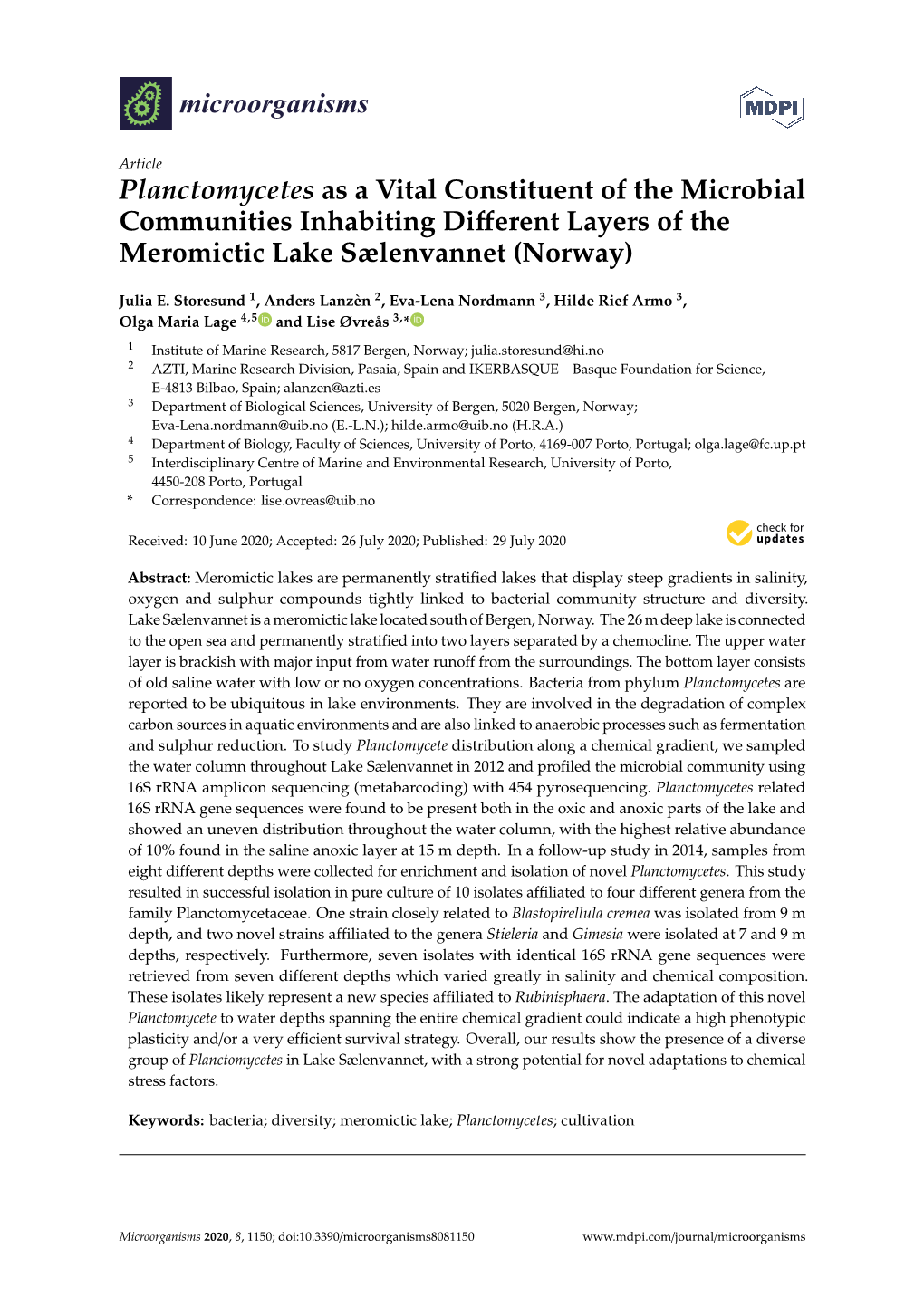 Planctomycetes As a Vital Constituent of the Microbial Communities Inhabiting Diﬀerent Layers of the Meromictic Lake Sælenvannet (Norway)