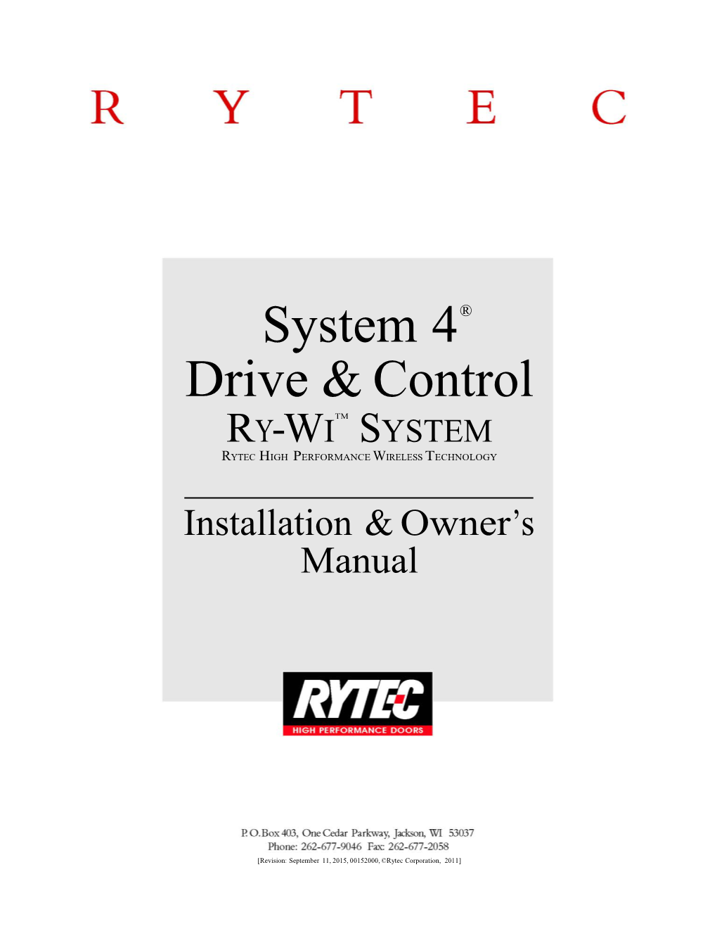 Rytec System 4 Owner's/Installation Manual