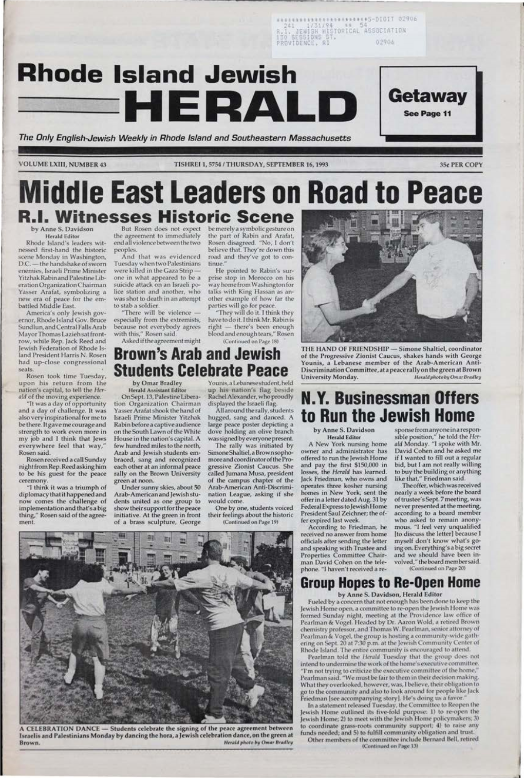 SEPTEMBER 16, 1993 35( PER COPY Middle East Leaders on Road to Peace R.I