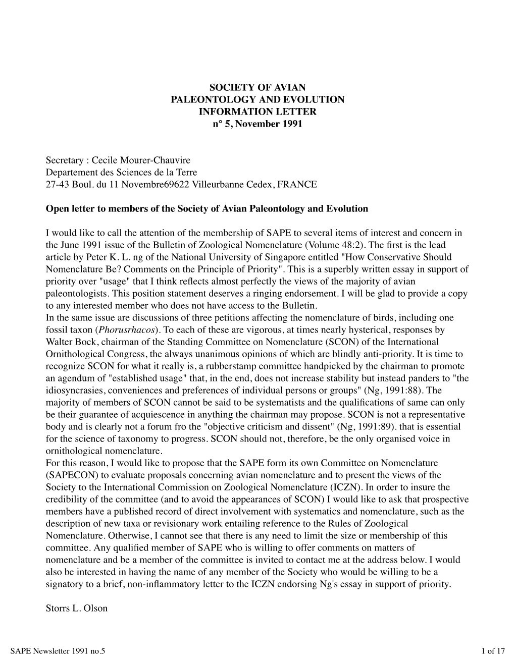 SAPE Newsletter 1991 No.5 1 of 17 Curator, Division of Birds National Museum of Natural History Smithsonian Institutionwashington, D.C