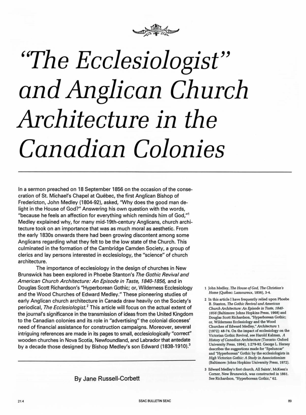 "The Ecclesiologist" and Anglican Church Architecture in the Canadian Colonies