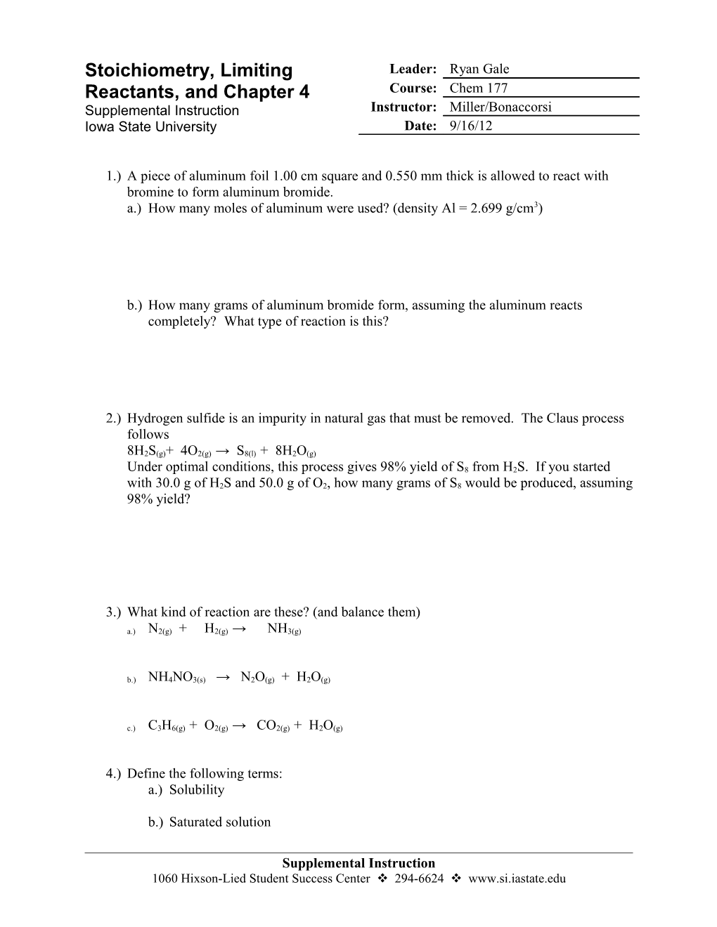 A.) How Many Moles of Aluminum Were Used? (Density Al = 2.699 G/Cm3)