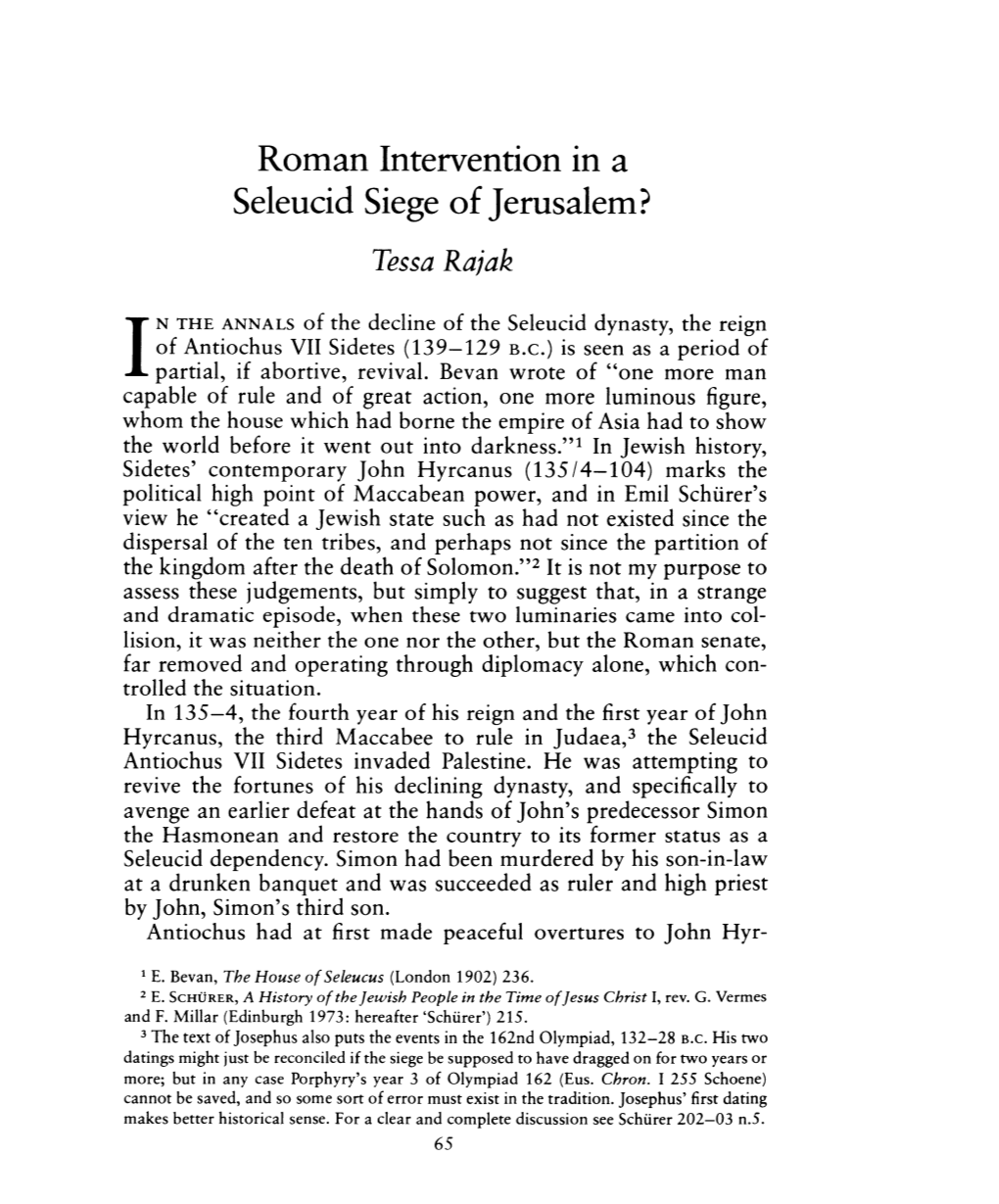 Roman Intervention in a Seleucid Siege of Jerusalem? , Greek, Roman and Byzantine Studies, 22:1 (1981:Spring) P.65