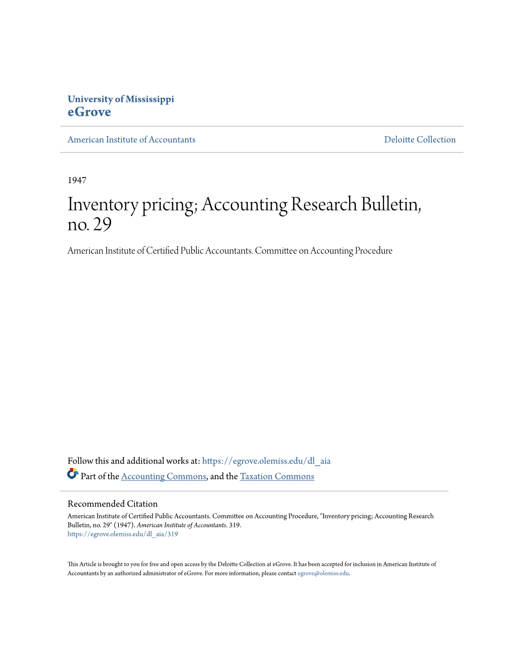 Inventory Pricing; Accounting Research Bulletin, No. 29 American Institute of Certified Public Accountants
