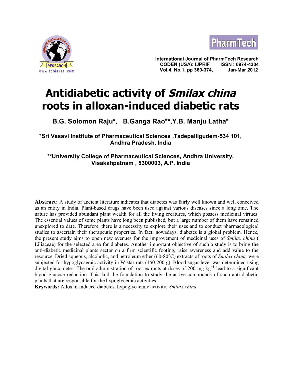 Antidiabetic Activity of Smilax China Roots in Alloxan-Induced Diabetic Rats B.G