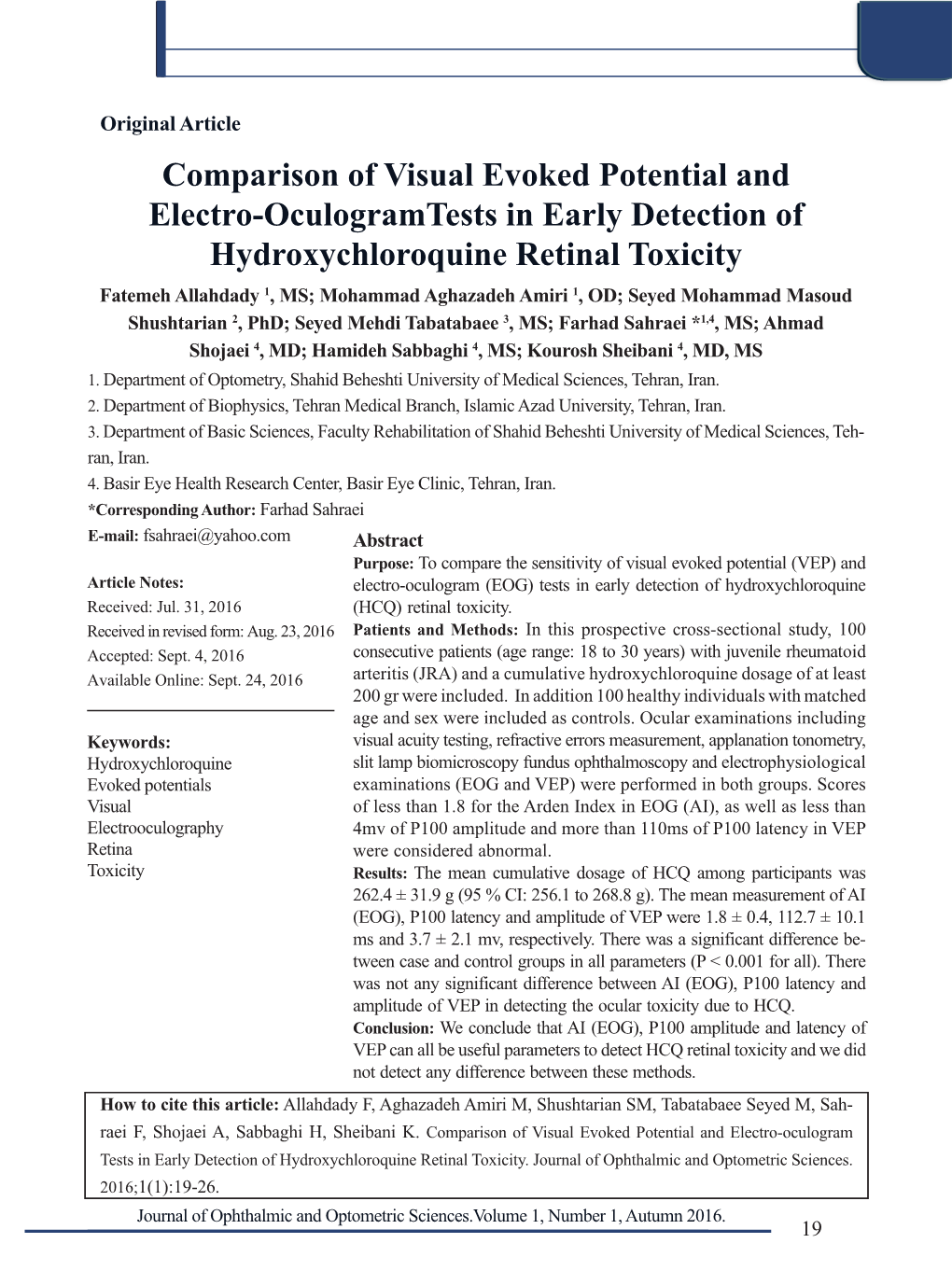 Comparison of Visual Evoked Potential and Electro