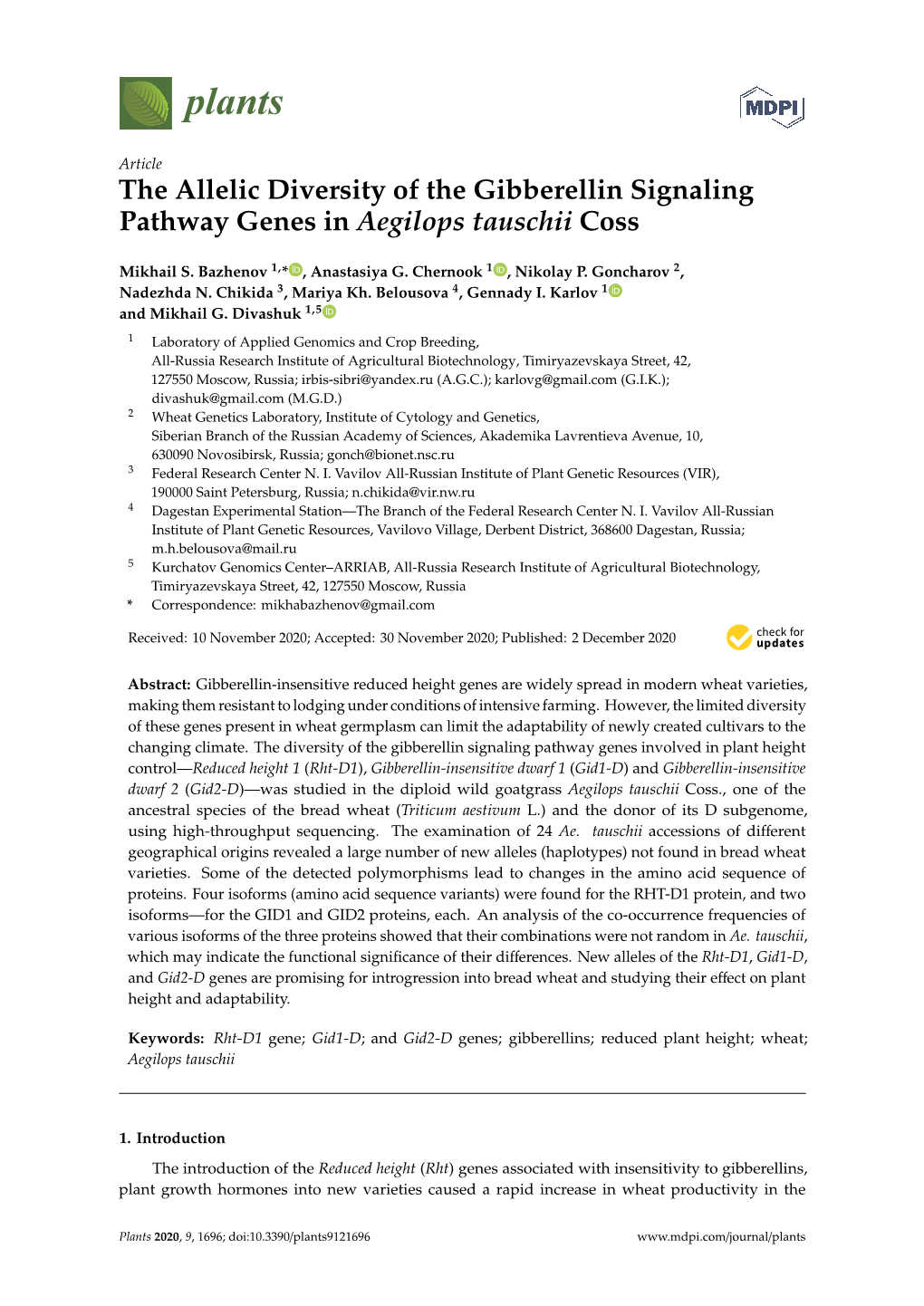 The Allelic Diversity of the Gibberellin Signaling Pathway Genes in Aegilops Tauschii Coss