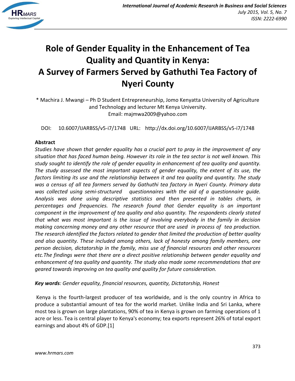 Role of Gender Equality in the Enhancement of Tea Quality and Quantity in Kenya: a Survey of Farmers Served by Gathuthi Tea Factory of Nyeri County
