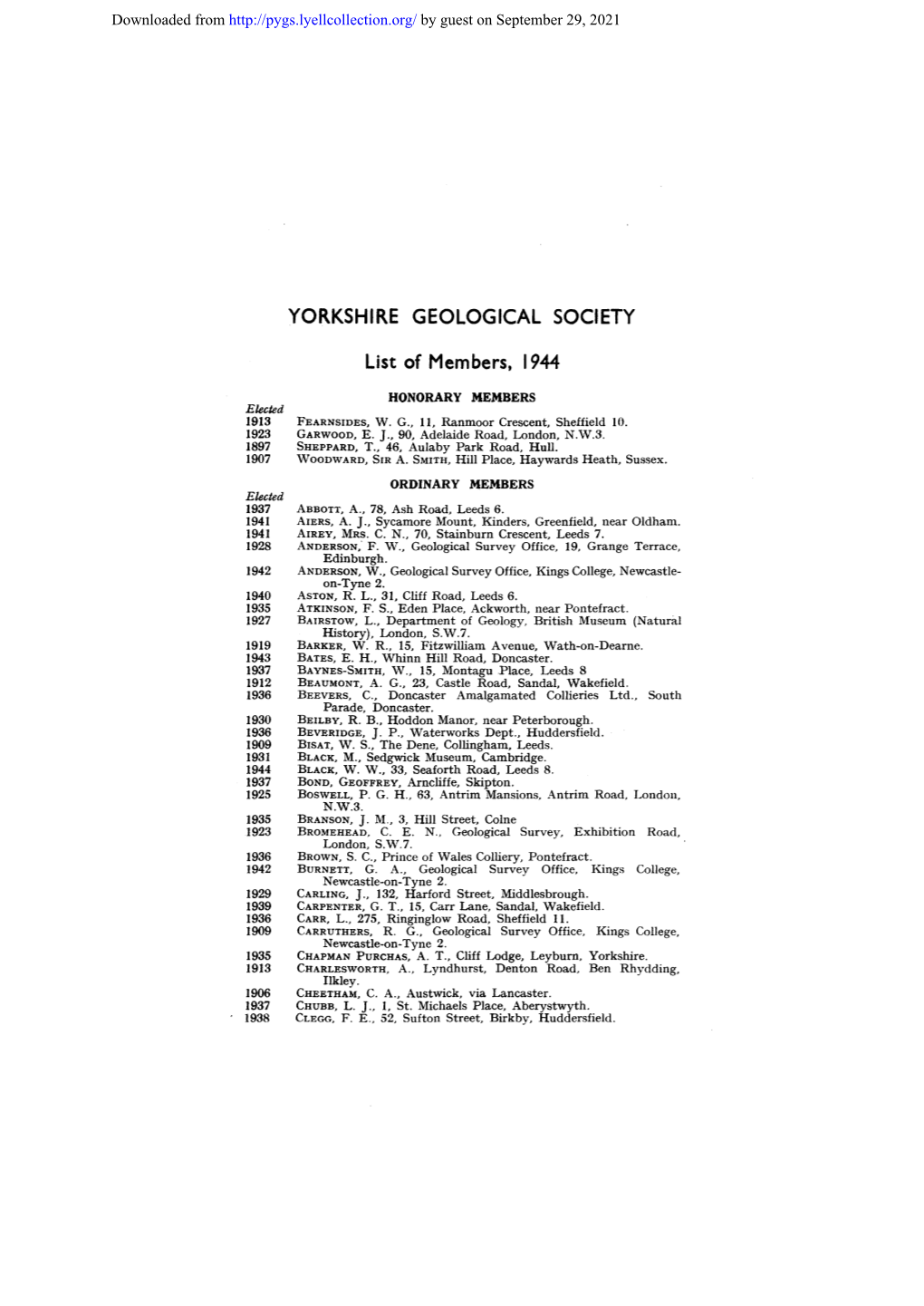 YORKSHIRE GEOLOGICAL SOCIETY List of Members, 1944