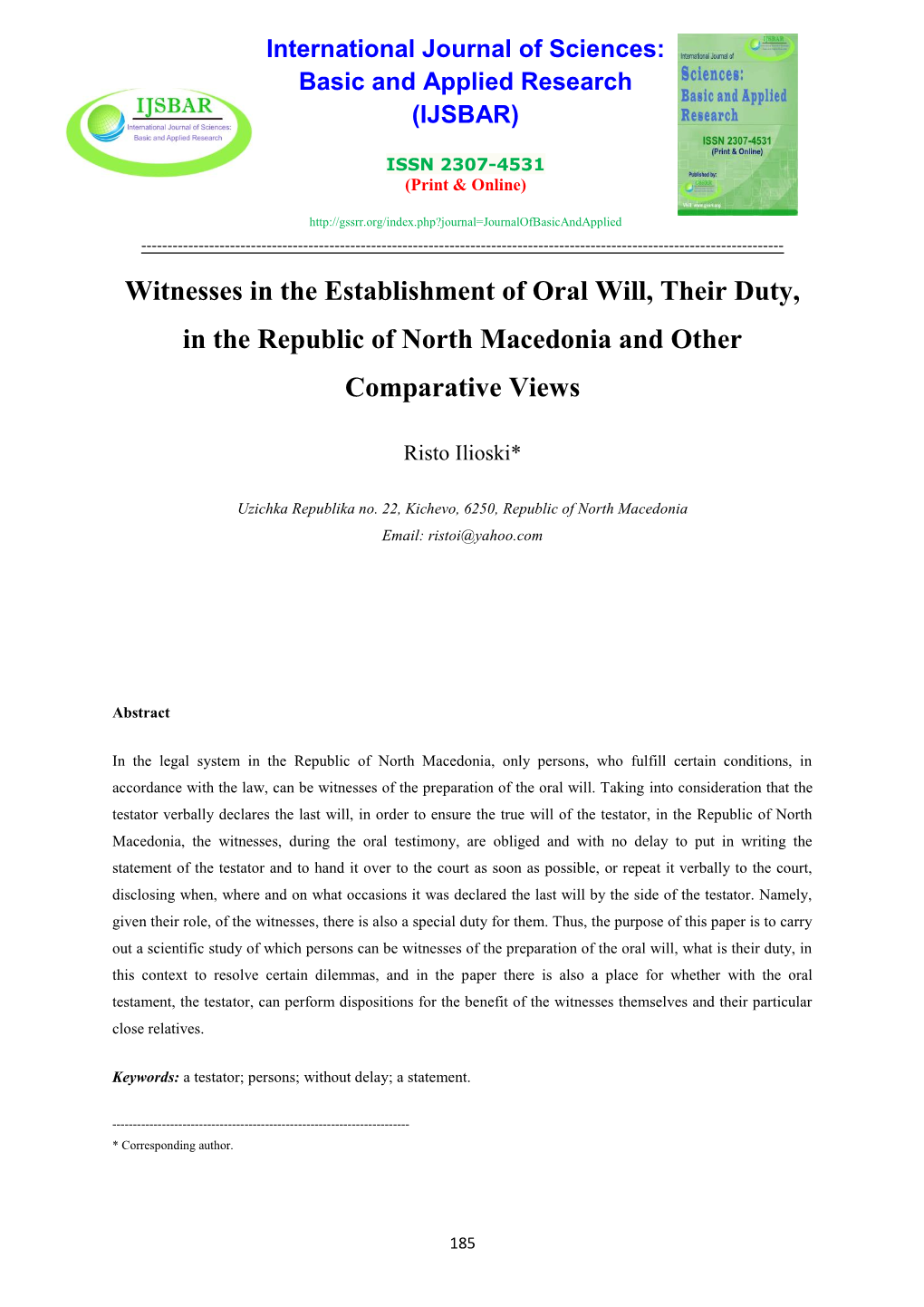 Witnesses in the Establishment of Oral Will, Their Duty, in the Republic of North Macedonia and Other Comparative Views