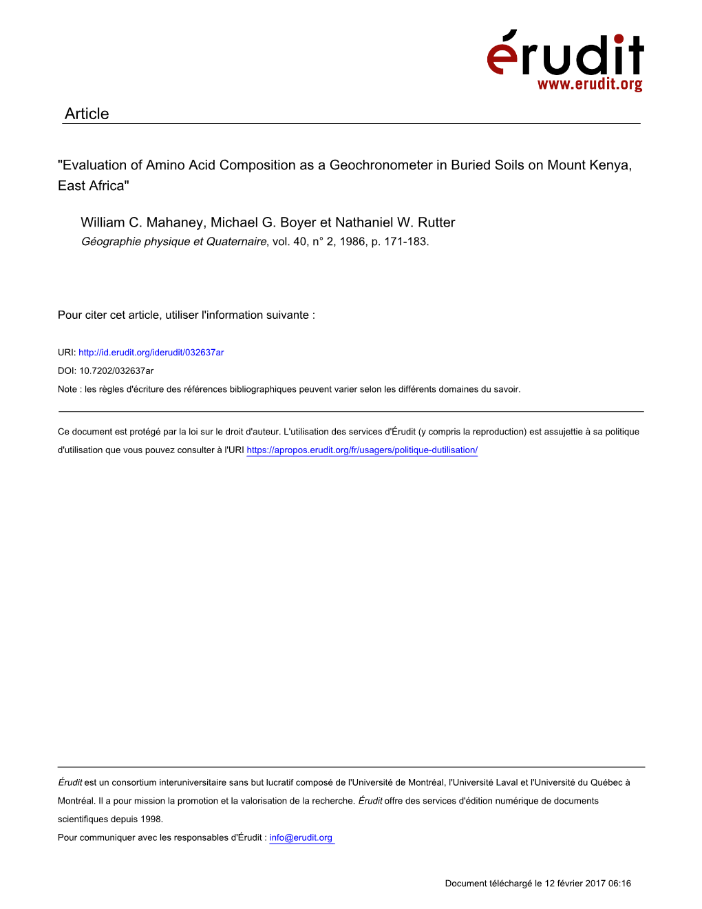 Evaluation of Amino Acid Composition As a Geochronometer in Buried Soils on Mount Kenya, East Africa