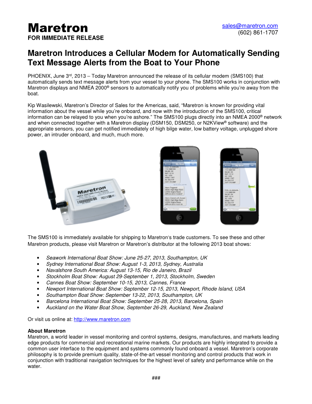 Maretron Introduces a Cellular Modem for Automatically Sending Text Message Alerts from the Boat to Your Phone