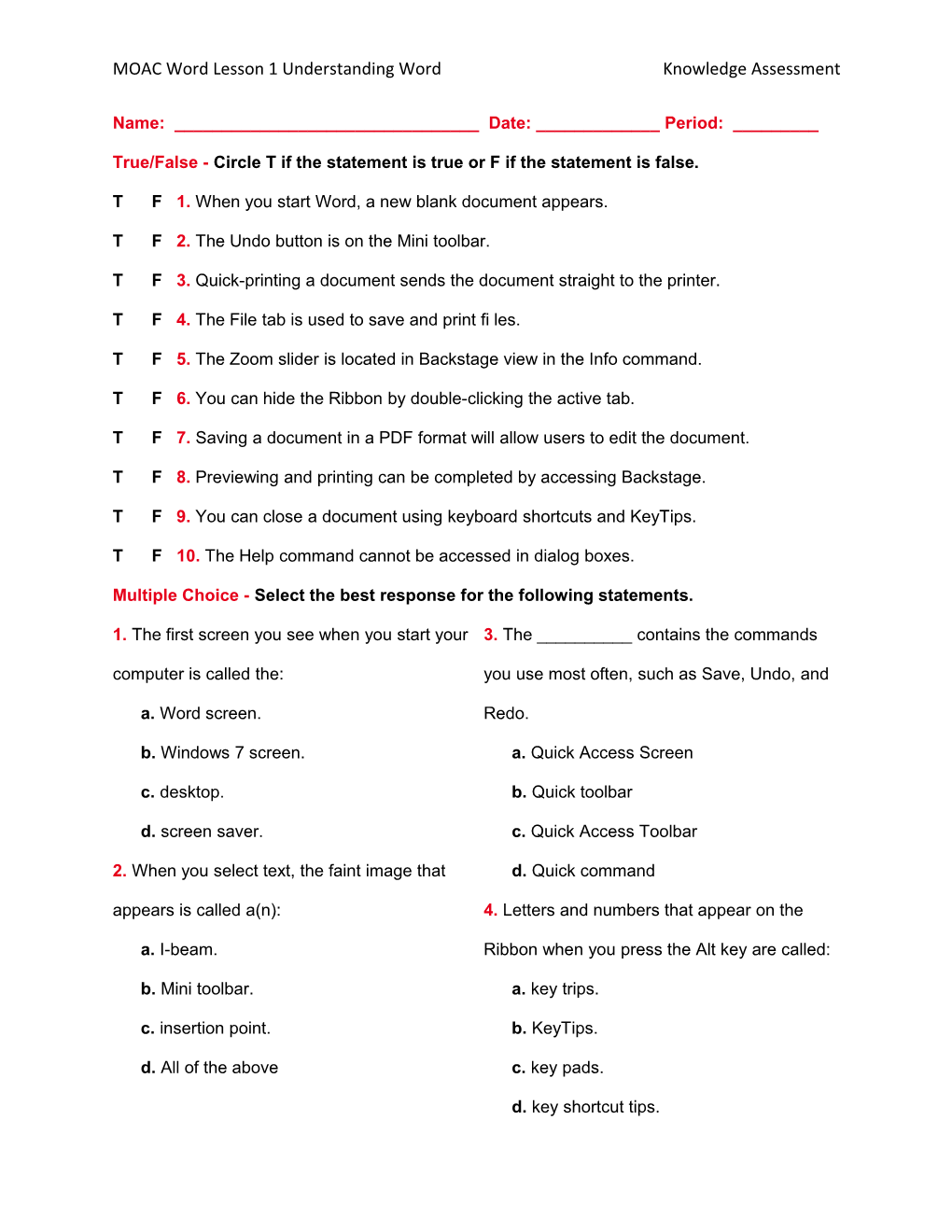 MOAC Word Lesson 1 Understanding Word Knowledge Assessment