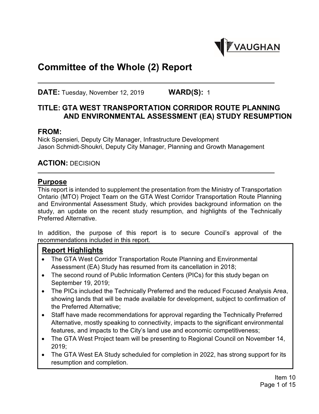 Gta West Transportation Corridor Route Planning and Environmental Assessment (Ea) Study Resumption