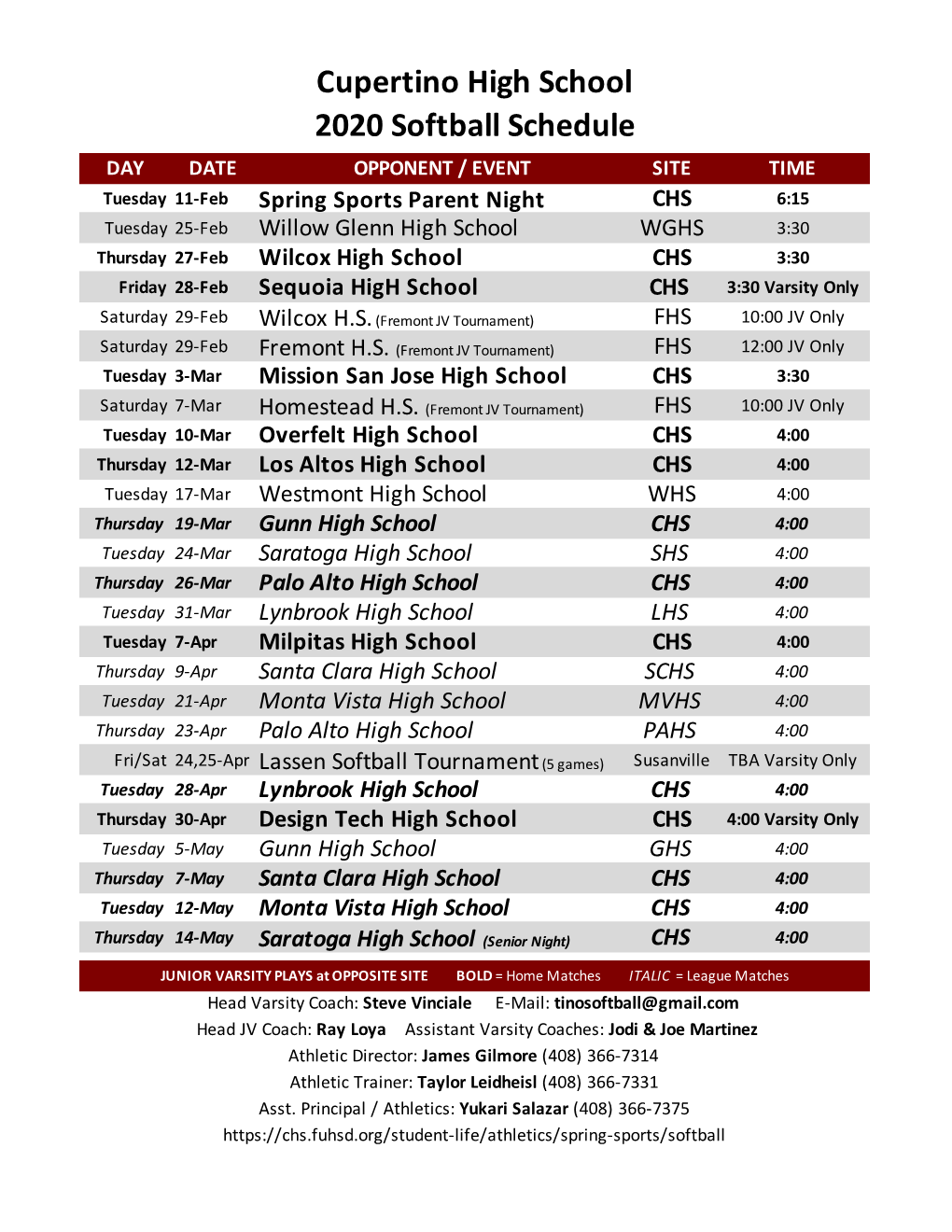 Cupertino High School 2020 Softball Schedule